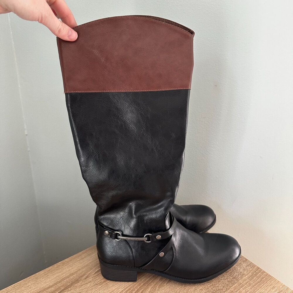 NAUTICA Tall Riding Boots 9 Black Brown Two Tone Ankle Strap Harness Equestrian